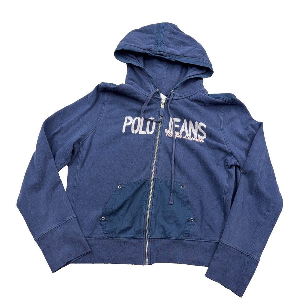 Vintage Polo Ralph Lauren Jeans Hoodie Women XL Navy Blue Full Zip Jacket Y2K